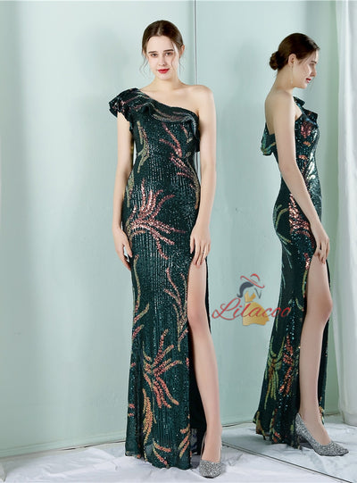 Sequins One Shoulder Split Prom Dress