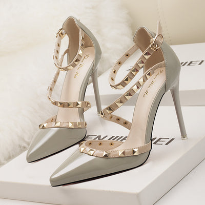 Thin-heeled Shallow-mouth Pointed Rivet Sandals