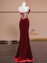 Burgundy Mermaid Velvet Pleats Prom Dress