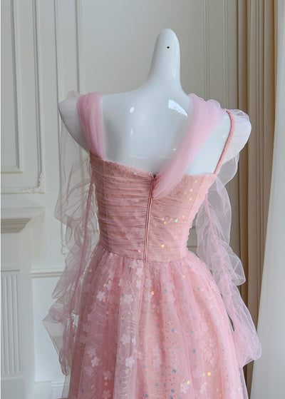 Pink Tulle Sequins Pleats Prom Dress
