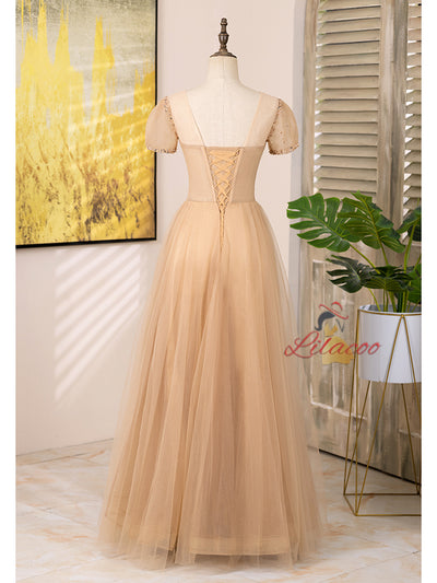 Champagne Tulle Short Sleeve Beading Prom Dress