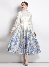 Long Sleeve Satin Vintage Printed Dress