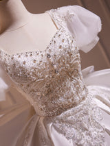 White Satin Puff Sleeve Sequins Beading Wedding Dress
