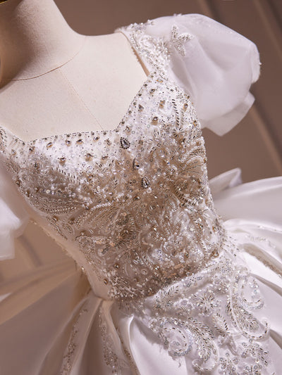 White Satin Puff Sleeve Sequins Beading Wedding Dress