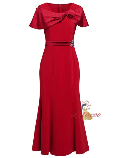 Red Pleats Beading Mother Of The Bride Dress