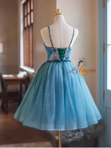 Blue Tulle Spaghetti Straps Homecoming Dress