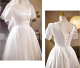 White Satin Square Neck Pearls Wedding Dress