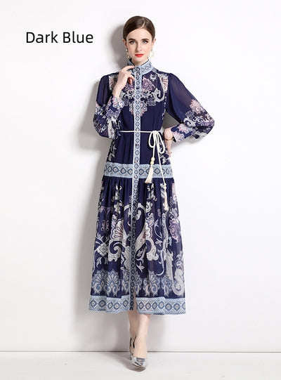 Holiday Style Retro Printed Long-sleeved Dress