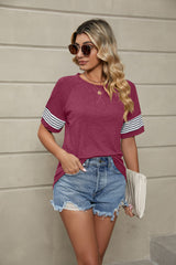 Striped Stitching Loose Round Neck Short Sleeve T-shirt