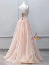 Pink Tulle Pleats Straps Beading Prom Dress