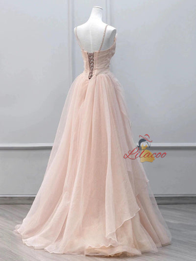 Pink Tulle Pleats Straps Beading Prom Dress