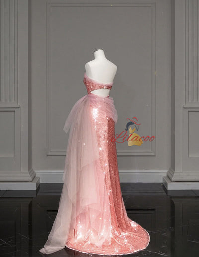 Pink Mermaid Sequins Strapless Prom Dress