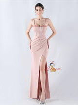 Mermaid Spaghetti Straps Pleats Beading Prom Dress