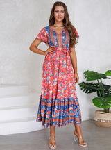 V-neck Lotus Leaf Sleeve Floral Print Long Dress