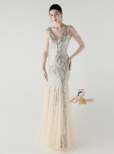 Mermaid Sequins Tulle V-neck Beading Prom Dress