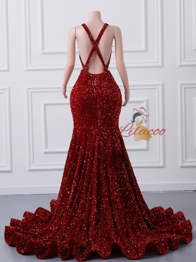 Burgundy Mermaid Sequins Backless Prom Dress