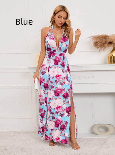 Sexy Deep V-neck Slit Printed Long Dress