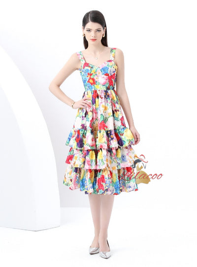 Printed Flounce Suspender Tiers Dress