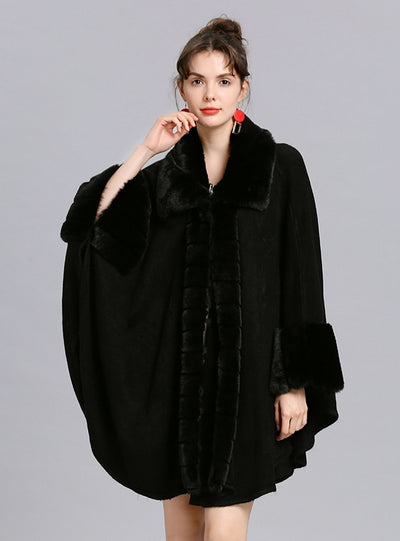 Loose Fur Collar Knitted Shawl Cloak Coat