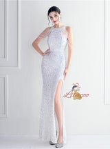 Halter Mermaid Sequins Split Beading Prom Dress