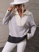 Pullover Color Matching Long Sleeve Zipper Sweater