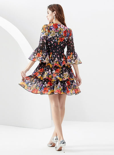 Printed Ruffled Short Flared Sleeve Dress