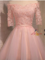 Pink Tulle Lace Short Sleeve Homecoming Dress