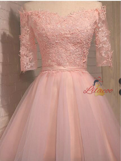 Pink Tulle Lace Short Sleeve Homecoming Dress