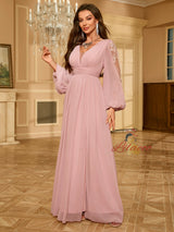V-neck Bubble Sleeve Chiffon Evening Dress
