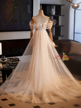 Champagne Tulle Lace Split Wedding Dress