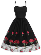Retro Suspender Mesh Rose Embroidery Dress
