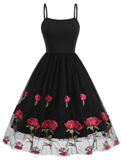 Retro Suspender Mesh Rose Embroidery Dress