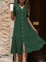 Solid Color V-neck Short Sleeve Summer Dress