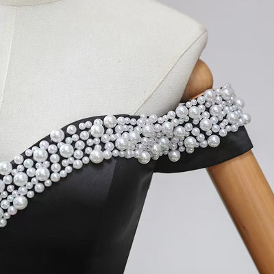 Black Satin Long Sleeve Pearls Off the Shoulder Prom Dress