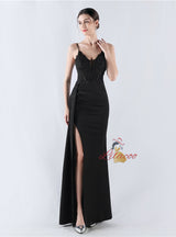 Mermaid Spaghetti Straps Lace Appliques Split Prom Dress