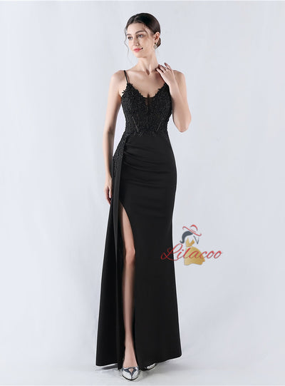 Mermaid Spaghetti Straps Lace Appliques Split Prom Dress