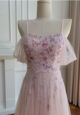 Pink Tulle Sequins Flower Prom Dress