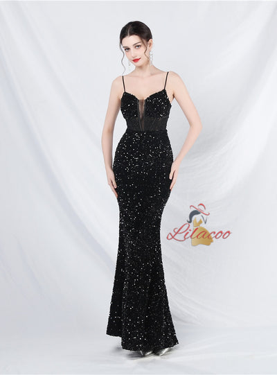 Mermaid Sequins Lace Spaghetti Straps Prom Dress