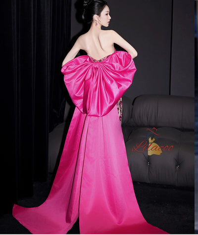Fuchsia Sequins Strapless Bow Prom Dress