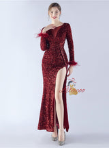 Long Sleeve Mermaid Sequins Split Prom Dress