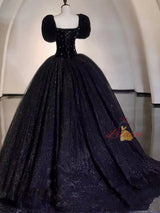 Black Tulle Velvet Puff Sleeve Prom Dress
