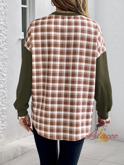 Checked Spliced Round Neck Pullover Top