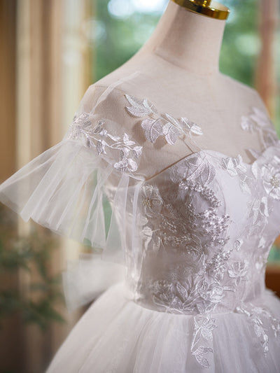 White Tulle Lace Appliques Short Sleeve Homecoming Dress