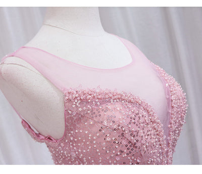 Pink Tulle Sequins Beading Backless Homecoming Dress