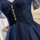 Navy Blue Straps Tulle Pleats Homecoming Dress