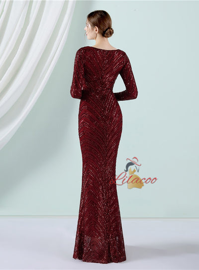 Mermaid Sequins Long Sleeve V-neck Prom Dress