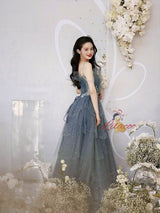 Blue Tulle Tiers Beading Prom Dress