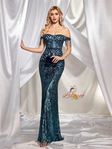 Blue Mermaid Sequins Straps Beading Prom Dress