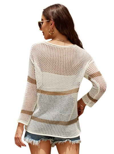 Thin Loose Round Neck Striped Hollow Long Sleeve Top