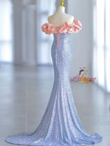 Blue Mermaid Sequins Off the Shoulder Prom Dress